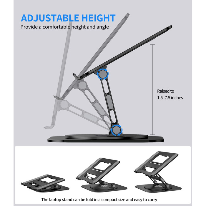 AOEVI Adjustable Laptop Stand with 360° Swivel Base - Ergonomic Foldable Laptop Riser for Desk - Compatible with MacBook Pro/Air & Notebooks up to 16 inches - Black