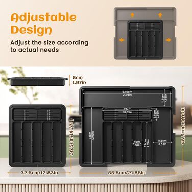 Органайзер для столових приборів в шухляду, пластиковий лоток для кухні з 2 знімними блоками для ножів (6-9 відділень), регульований, 33-53 см