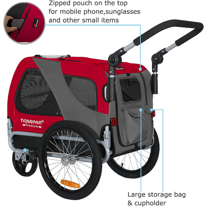 DOGGYHUT® Преміум візок для собак 2-в-1: візок-бугель для собак до 23 кг (червоний)