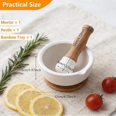 Ступка керамічна з товкачиком на бамбуковій підставці 12 см для спецій та трав - Млинок для перцю, ванілі, морської солі
