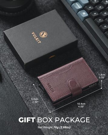Чоловіче картхолдер VULKIT з RFID блокуванням, з металевою конструкцією, 3 відділення для кредитних карт та віконцем для посвідчення, компактний гаманець з магнітною застібкою, червоне шкіряне покриття (справжня шкіра Litchi Espresso)