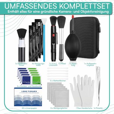Набір для чищення камери Pixly® 16 предметів: Професійний набір для DSLR з повітряним насосом, 2-в-1 олівцем для лінз, пензлем для чищення, рукавичками та мікрофібровими серветками. Підходить для камери, об'єктива та сенсора.