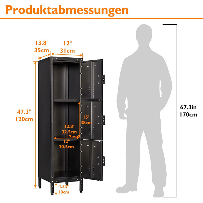 Metal locker with lockable doors, industrial steel cabinet for school, home, office, garage, H140*W38*D46 cm (3 doors)