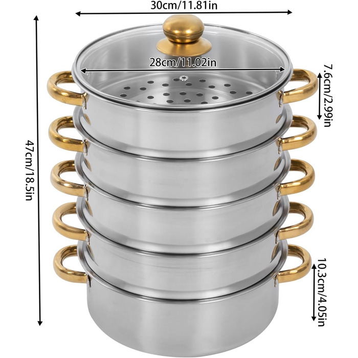 Каструля-пароварка 28 см з 5-шаровою конструкцією та скляною кришкою, з нержавіючої сталі, для приготування на пару, сумісна з індукцією (золота, срібна)
