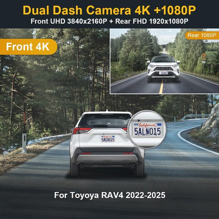 Автомобільний відеореєстратор Fitcamx 4K для Toyota RAV4 2022-2025 (Gen5), OEM стиль, 2160P Front & 1080P Rear, WiFi, G-сенсор, Plug&Play, карта пам'яті 64GB