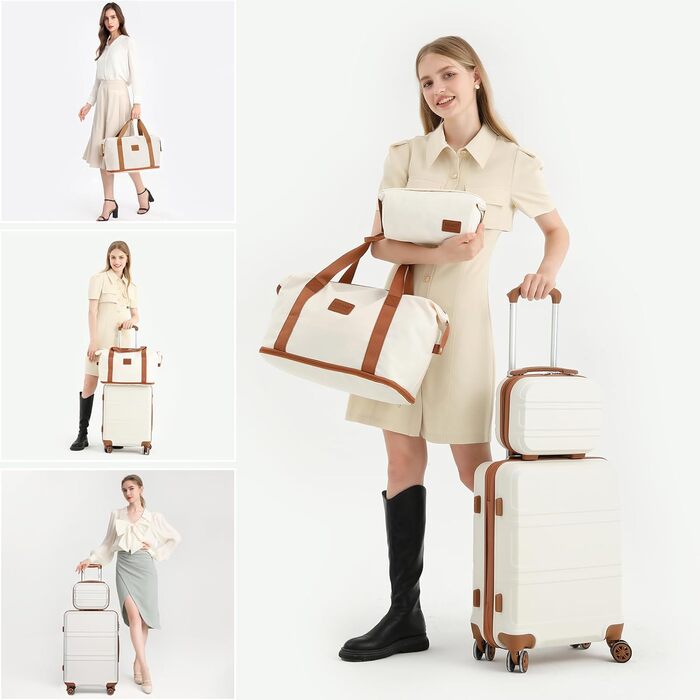 Набір валіз KONO 4 в 1: велика, ручна, косметичка та сумка для подорожей (кремовий)