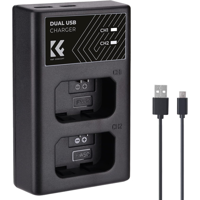 Акумулятор NP-FW50 K&F Concept з зарядним пристроєм, 1100mAh, 2 шт. для Sony ZV-E10, A6000, A6300, A6400, A7, A7II, A7RII, A7S, A7S2, A7R, A7R2, A55, A5100, A5000, A3000, RX10