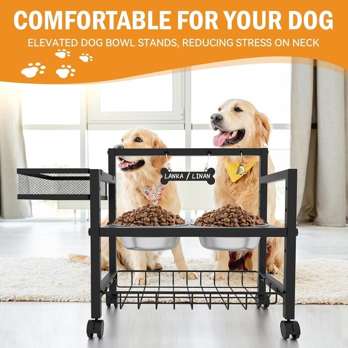 Підвищені годівниці для собак Angeloyang з колесами, з нержавіючої сталі, регульовані, 8 рівнів висоти, 16-36 см, для середніх та великих собак, з повільним дозатором корму та мисками з нержавіючої сталі, з можливістю зберігання та колесами