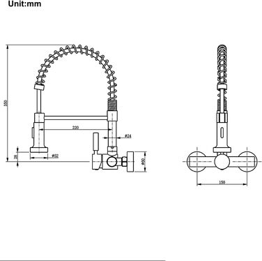 Змішувач кухонний настінний висувний з душем, поворотний 360°, з нержавіючої сталі, матовий, монтажне отвір 15 см