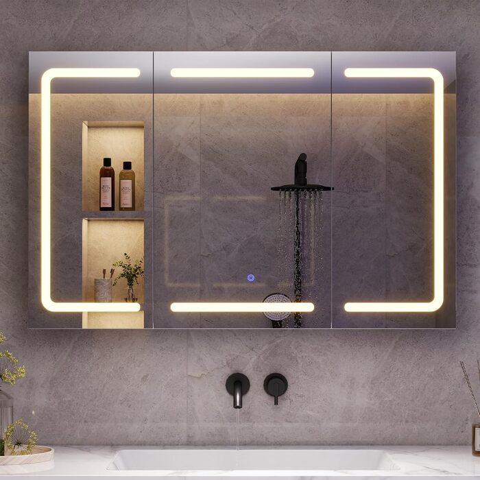 Дзеркало-шафка для ванної кімнати з LED-підсвічуванням, розеткою та 3 колірними температурами. Ванна шафка 60x90x16 см (ВxШxГ), з регулюванням яскравості + сенсорне керування. Біла дзеркальна шафка з 3 регульованими полицями та дзеркалом 60x90x16 см