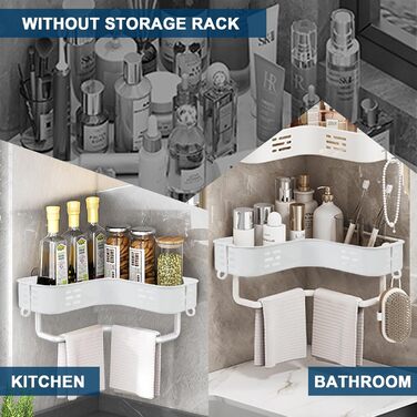 Поличка для душу без свердління, кутова, для ванної кімнати, органайзер, з 2 гачками (біла)