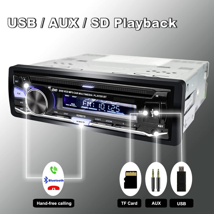 Hengweili автомагнітола 1DIN з CD/DVD, Bluetooth, FM/AM, App-керуванням, USB, SD, AUX, MP3