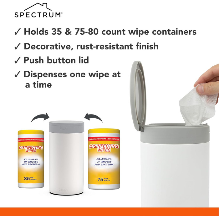 Spectrum Diversified Decorative Wipes Dispenser - Refillable Wet Wipe Holder for Household Cleaning, Stylish Cleaning Cloth Holder, Stainless Steel Plastic, White, 1 Count (Pack of 1)