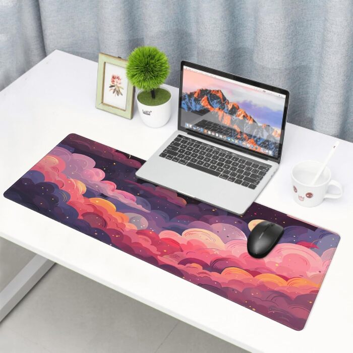 Килимок для миші Japanisches Mauspad, 90 x 40 см, стиль Аніме, дизайн Арт, великий ігровий килимок, для клавіатури та столу, антиковзаюча гумова основа, прошиті краї, для дому та офісу (X-Large, Рожевий, Фіолетовий, Хмара)