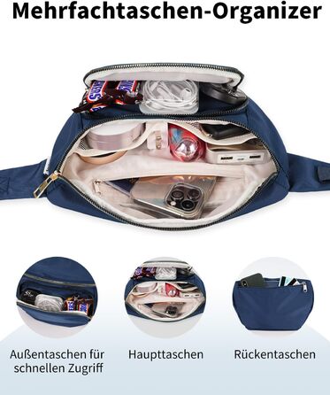 Чоловіча та жіноча бананка на пояс, стильна сумка-бананка з 4 кишенями на блискавці та регульованим ремінцем, ідеальна для подорожей та піших прогулянок (Запатентовано), колір: темно-синій