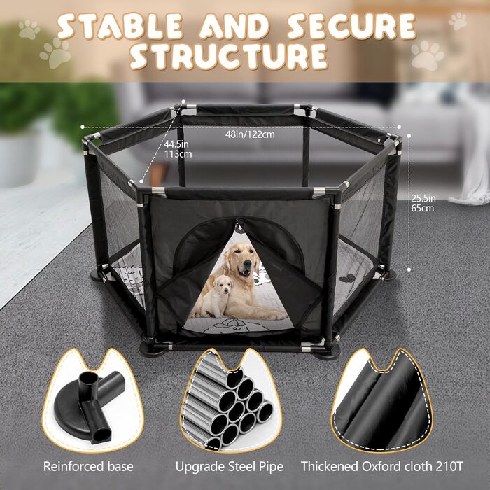 Кінець для цуценят у формі шестикутника, 122x65 см, чорний: ігровий майданчик + м'яка підстилка для великих та малих порід