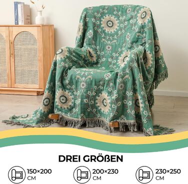 HOORDRY Reversible Boho Daybed Cover with Tassels, 230x250CM, 100% Cotton Woven Throw Blanket, Couch Throw, Living Room Throw, Reversible Throw, Cozy Blanket, Sofa Blanket, Armchair Blanket with Pattern, Sunflowers, Green/Beige Sunflower 230×250CM