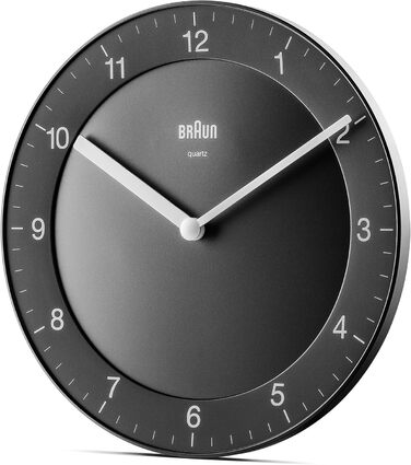 Braun Classic analog wall clock with quiet quartz movement, easy-to-read dial with a 20 cm diameter in black, model BC06B.