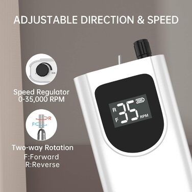 Електрична нігтьова пилка Kredioo для гелю та акрилу з LED-дисплеєм та 6 насадками