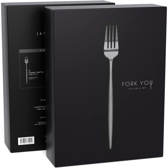 FORK YOU Cutlery Set Black Matt (16-piece), Stainless Steel, Table Cutlery for 4 People, Dishwasher-Safe, Gift Set in High-Quality Gift Box