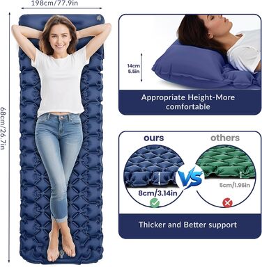 Саморозгортальний килимок Isomatte 8 см, Ultraleicht з подушкою та насосом для ніг, 198 x 68 см, портативний, компактний, для кемпінгу, подорожей, піших прогулянок