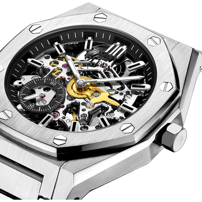 Чоловічий механічний годинник OLEVS Gold Skeleton з автопідзаводом, водонепроникний, зі сталі з діамантовим напиленням та підсвіткою (6669: Сріблясто-чорний)