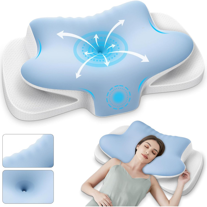 Подушка для шиї Ehomfory з ефектом пам'яті, дихаюча, ергономічна, для сну на боці, спині та животі (Блакитна)