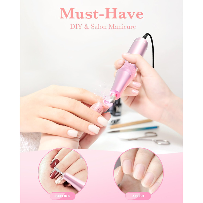 Професійний фрезер для нігтів ENGERWALL 35000 об/хв, акумуляторний електричний фрезер для гелю та акрилу, бездротове манікюрне E-File набір з 7 насадками та 56 шліфувальними бандажами, темно-сріблястого кольору (портативний, акумуляторний - рожево-блакитний)