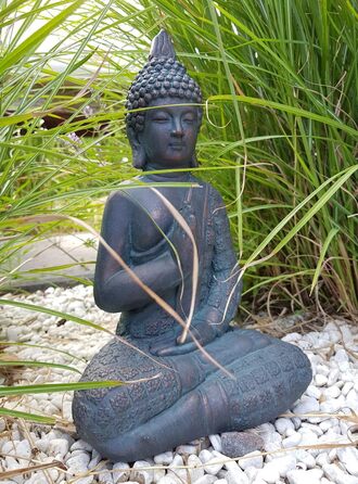 K&L Wall Art Sitting Buddha Figure for Indoor and Outdoor Use, 33cm Feng Shui Decor, Artificial Stone Statue, Zen Garden Figure, Stone (33cm Bronze Look)
