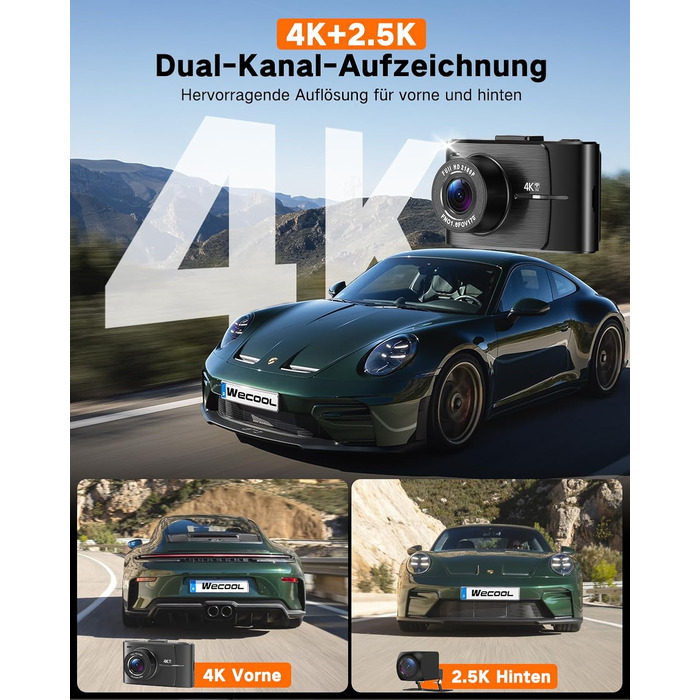 Автомобільний відеореєстратор Wecool 4K+2.5K (передній та задній), 2 канали, кут 170°+150°, 64GB SD-карта, 5GHz WiFi, нічна зйомка, G-сенсор, циклічний запис, цілодобовий моніторинг паркування