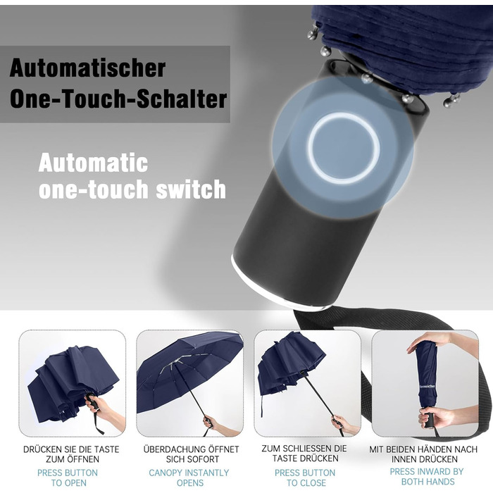 Зонт Herreicher туристичний автоматичний штормостійкий - легкий алюмінієвий каркас, компактний, складаний, двошаровий, тканина 210T, розмах 102 см, 10 спиць, для чоловіків/жінок/дітей/літніх людей (синій)