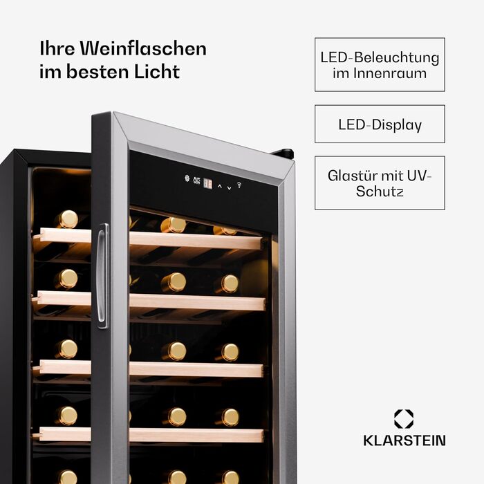 Klarstein Wine Fridge - 16/24 Bottle Wine Cooler with Glass Door - Stainless Steel - 5-18°C Temperature Control - Indoor/Outdoor Use
