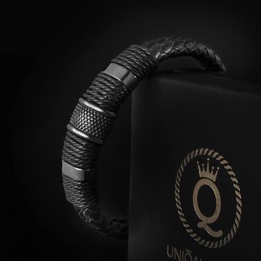 Чоловічий браслет UNIQAL з натуральної шкіри та нержавіючої сталі 'Premium Style' | Чорний колір, 23 см | Безкоштовна коробочка
