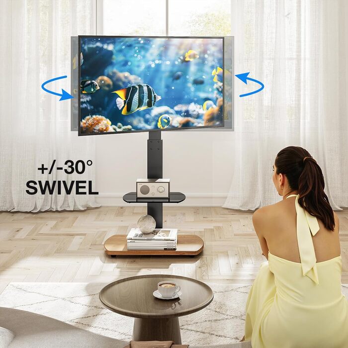 Підставка для телевізора Ttap 32-65 дюймів з дубом та скляною полицею, поворотна та регульована по висоті