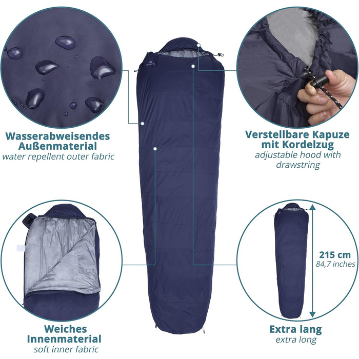 Спальний мішок Outdoor Daunenschlafsack: ультралегкий, теплий, з наповнювачем з гусячого пуху (190г) + маска для сну та беруші