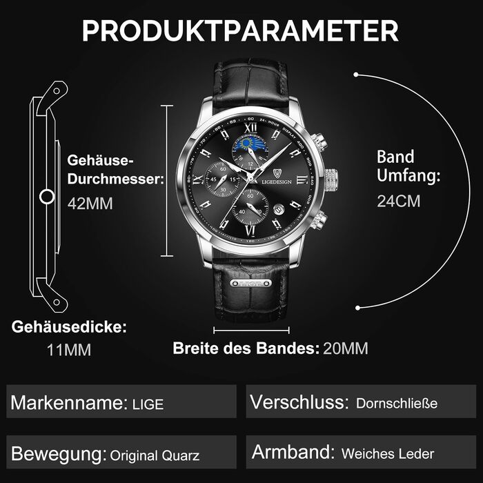 Годинник чоловічий LIGE, Хронограф, Аналоговий кварц, Ремінець зі шкіри, Календар, Світлодіодне підсвічування, Водостійкий 3ATM, Чоловічий годинник для бізнесу та відпочинку, Чорний