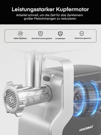 Electric Meat Grinder 5-in-1 - 700W Power, 2800W Max Blocking Capacity, Stainless Steel Grinding Plates (3, 5, 7mm), Sausage Maker, Kubbe Attachment, Black