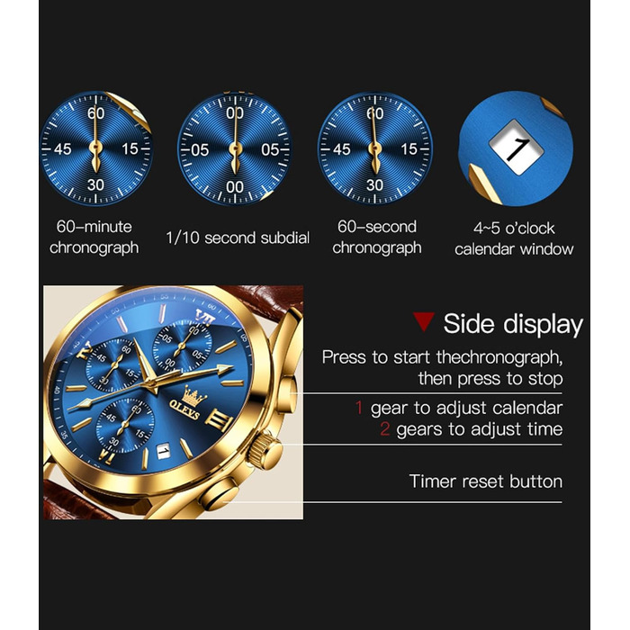 Чоловічий годинник-хронограф OLEVS 2872: кварцовий механізм, підсвічування, синій циферблат та шкіряний ремінець