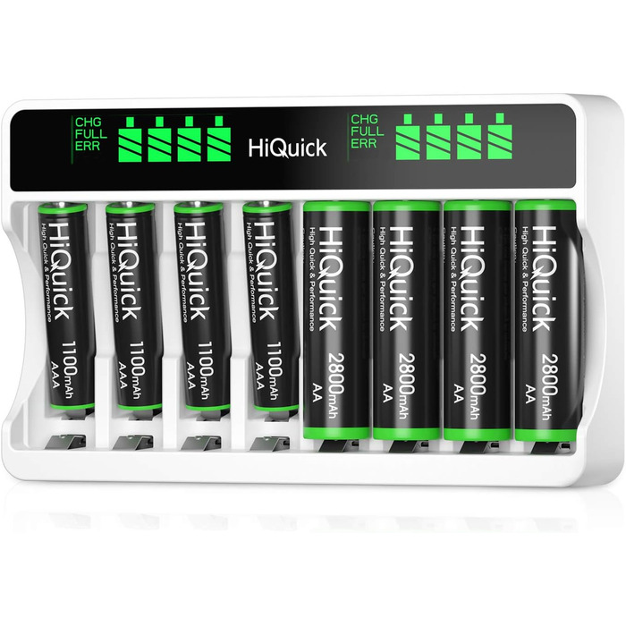 Зарядний пристрій HiQuick для акумуляторів AA та AAA (8 місць) з LCD-дисплеєм + 4 x AA + 4 x AAA акумулятори