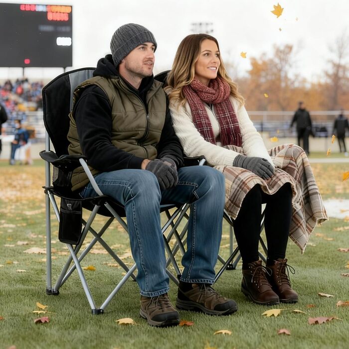 Кемпінговий стілець розкладний (до 200 кг) з подушкою 6 см - великий стілець для риболовлі, кемпінгу, саду та фестивалів. Міцний стілець з бічними кишенями та сумкою для транспортування (чорно-сірий, поодинокий)
