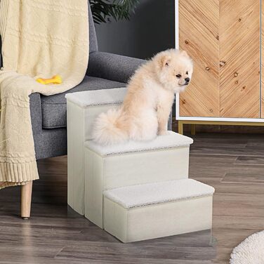 PawHut Pet Stairs Cat Stairs Dog Stairs Folding 3 Steps Pet Stairs with Storage for Cats and Dogs MDF White 40 x 54 x 48 cm