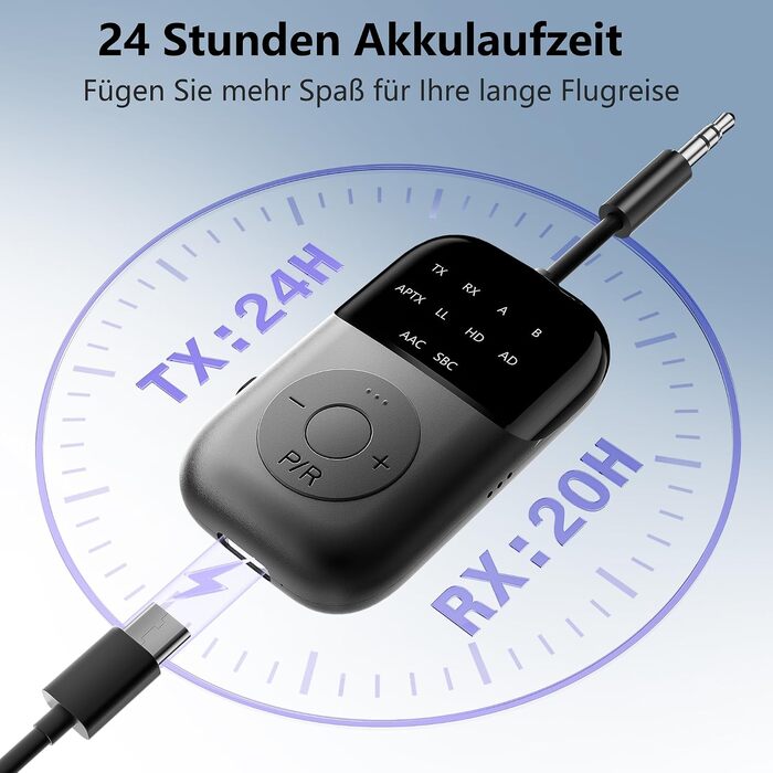 Bluetooth 5.4 адаптер 2-в-1 (передавач та приймач) з aptX Low Latency, 3.5 мм jack, для навушників, ТБ, авто та літака, чорний