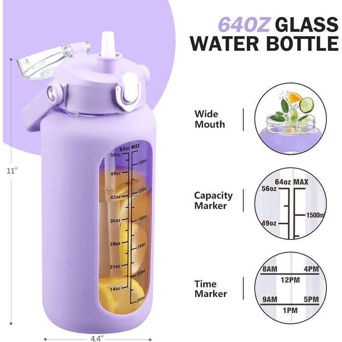 2L Glass Water Bottle with 2 Lids Flip and Go Lid 2 Liter Large Water Jug with Time Marker and Silicone Sleeve BPA-Free Leakproof for Sports Gym, (Purple)