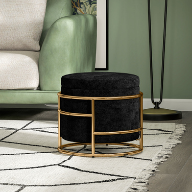 HOMCOM Storage Ottoman, Upholstered Footrest with Metal Frame, Gold Accents, Black