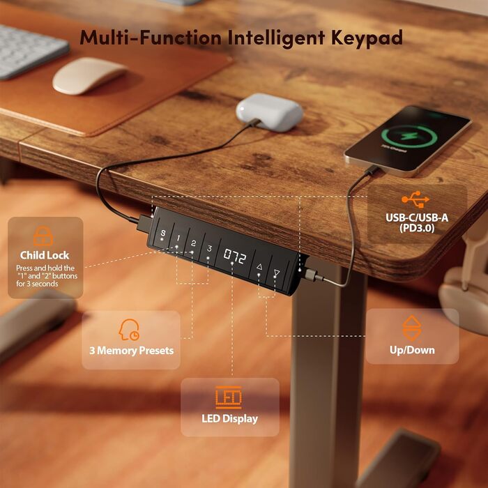 Регульований по висоті письмовий стіл FEZIBO 160x80 см з USB-C та USB-A портами для зарядки, коричневий