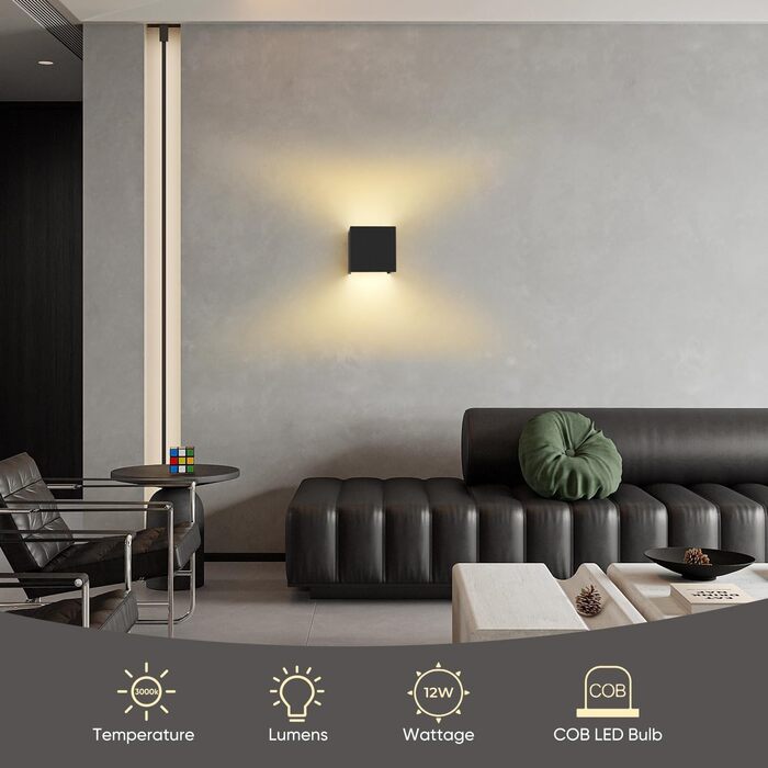 LED настінний світильник 12W, алюмінієвий, регульований кут світла, IP54, тепле біле світло 3000K, для вітальні, спальні, саду, для внутрішнього та зовнішнього використання, 2 шт., колір: білий/чорний