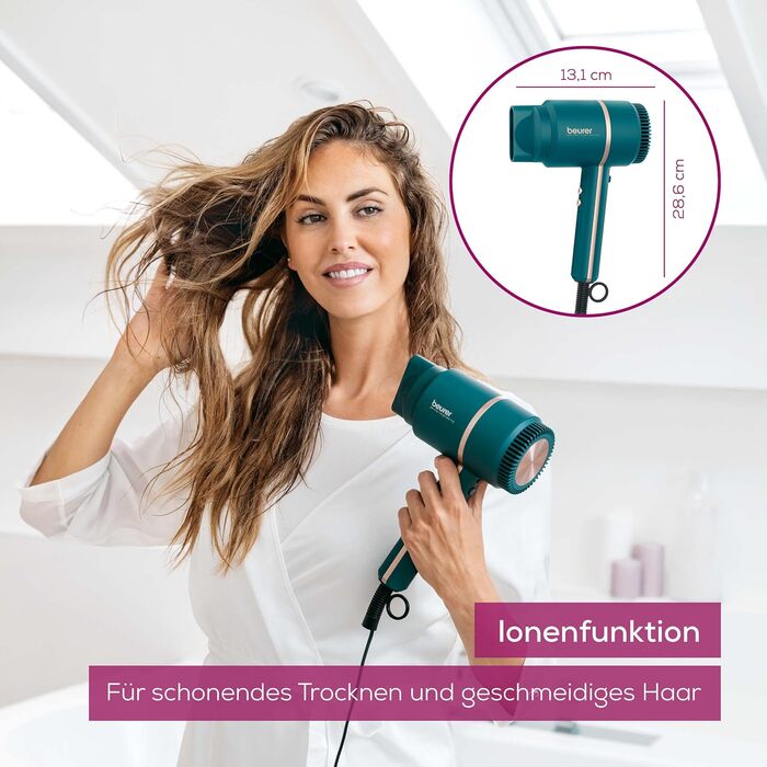 Фен Beurer HC 35 з іонізацією та насадкою для стайлінгу, 1600-2000 Вт, LED-дисплей, сумка, Petrol