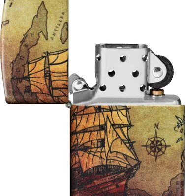 Запальничка ZIPPO із зображенням піратського корабля, 540° кольоровий принт, біла матова, багаторазова, у подарунковій коробці