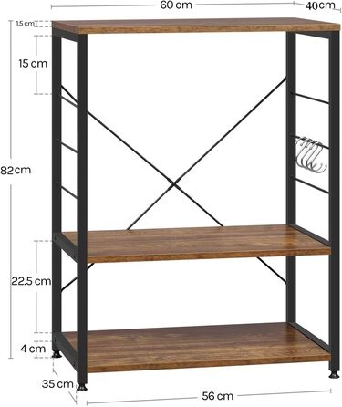 WOLTU Kitchen Shelf, Freestanding Shelf, Microwave Holder, Baker's Rack, Metal Shelf made of Wood and Steel, with 3 Shelves, approx. 60 x 40 x 82 cm, White + (Vintage Brown)