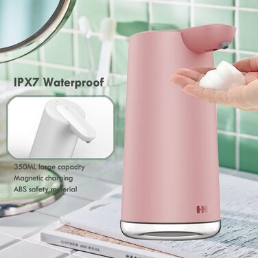 Frohsun Automatic Soap Dispenser - Rechargeable, Touchless, 350ml, IPX7 Waterproof, 2 Foam Settings, Motion Sensor for Kitchen, Bathroom & Hotel (Pink)
